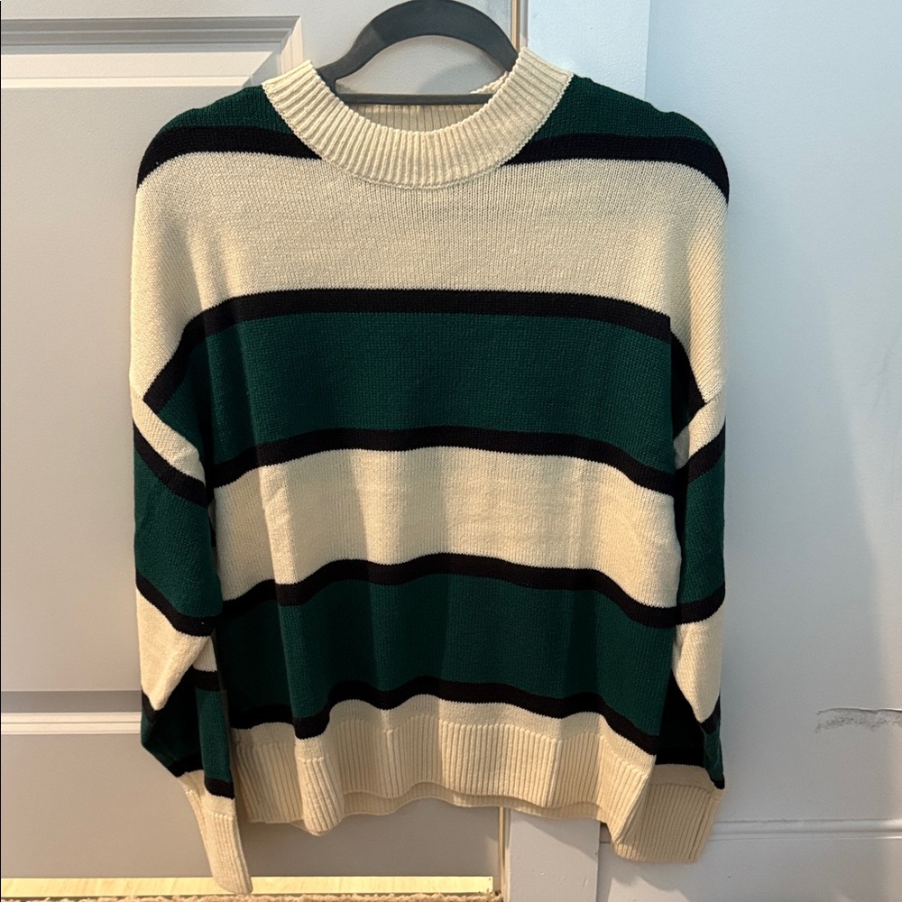 H&M Green and Cream Striped Crewneck Sweater